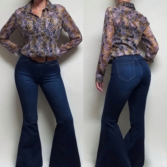 Vintage Tops - Vintage Cumberland Outfitters Leopard Butterfly Print Button Up Chiffon Blouse M